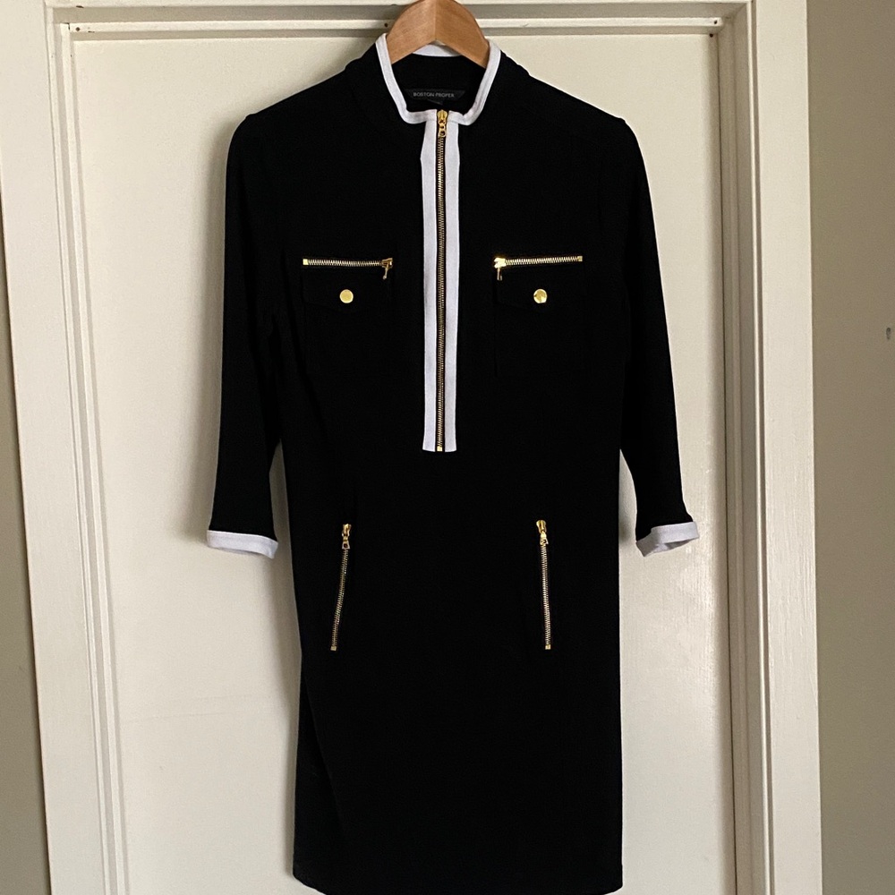 Boston Proper Black Dress with Gold Zipper Details